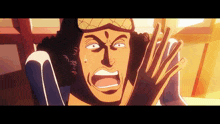 a close up of a cartoon character with a shocked look on his face