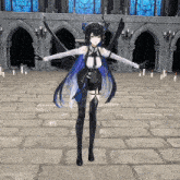 a girl with long black hair is standing in a room with candles