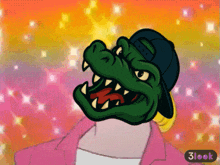 a cartoon of a crocodile wearing a hat and a pink jacket with a 3look logo below it