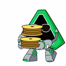 a robot holding a stack of pancakes with the words let 's print behind it
