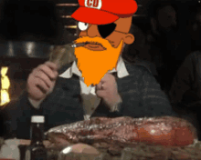 a man with a beard wearing a red hat that says cd