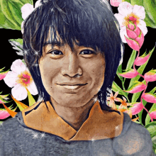a painting of a man with flowers around him