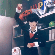 a man in a suit is standing in front of a shelf with the word happy written on it