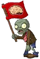 a zombie holding a flag with a brain on it
