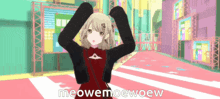 a girl in a red and black outfit says meowemoewoew