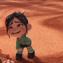 a cartoon character is smiling while standing on a sandy surface