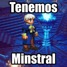 a video game character is standing in front of a fountain with the words tenemos minstral above him