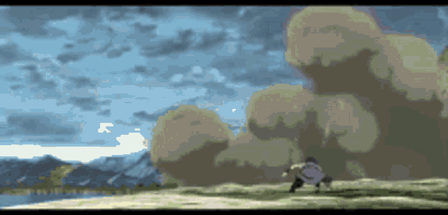a pixel art of a person standing in a field .