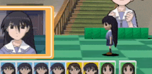 a cartoon girl with long black hair is standing in front of a staircase .