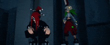 a girl with red hair is kneeling down next to a girl with green hair