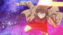 a girl with glasses is flying through the air with a light behind her