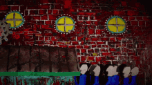 a red brick wall with a painting of circles and a cross on it