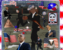 a picture of barack obama is surrounded by american flags and other pictures
