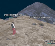 a screenshot of a video game shows a man standing on a hill with the words " rz andi yolo " visible