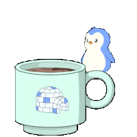 a cartoon drawing of a cup of hot chocolate with a igloo on it