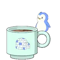 a cartoon drawing of a cup of hot chocolate with a igloo on it
