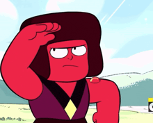 a red cartoon character with a purple shirt and a diamond on his shoulder salutes
