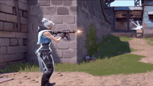 a woman in a video game is holding a gun