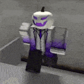 a roblox character with a pumpkin head and a purple jacket