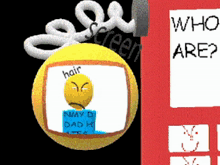 a yellow ball with a sad face and the words hair on it