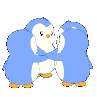 three blue and white penguins are hugging each other