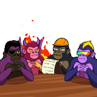 a group of gorillas are sitting around a table and one of them is holding a piece of paper