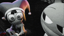 a cartoon character wearing a jester hat looks at another character