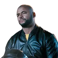 a man in a black leather jacket is holding a black helmet