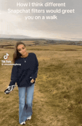 a woman stands in a field with a caption that says how i think different snapchat filters would greet you