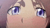 a close up of a girl with purple eyes