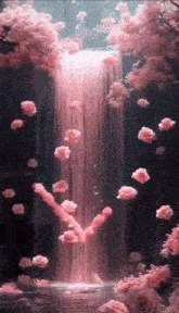 a waterfall surrounded by pink roses and trees