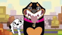a dalmatian and a rottweiler are standing next to each other in a park