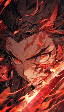 a close up of a person 's face with red eyes