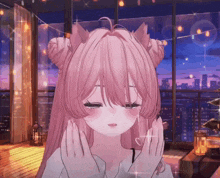 a pink haired anime girl with a cat ear
