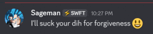 a screenshot of a chat with sageman swift at 10:27 pm
