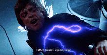 a man is laying on the ground with a lightning bolt coming out of his chest and says father please help me help