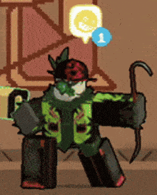 a pixel art drawing of a robot with a cane and a speech bubble with the number 1 on it