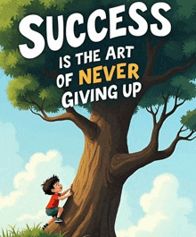 a boy is climbing up a tree with the words success is the art of never giving up