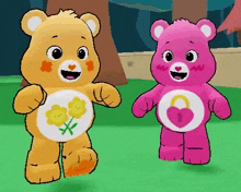 a couple of care bears are standing next to each other on a grassy field .