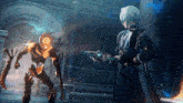 a man is holding a gun in front of a demon