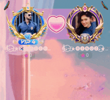 a man and a woman are sitting next to each other with a vip 4 badge