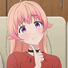 a girl with pink hair and purple eyes holds her hand to her chin