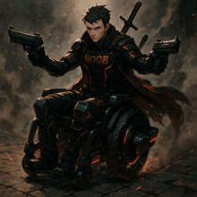 a man in a wheelchair is holding two guns and wearing a shirt that says noob