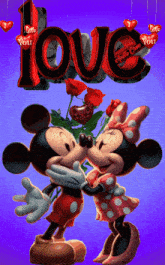 a picture of mickey and minnie kissing with the word love above them