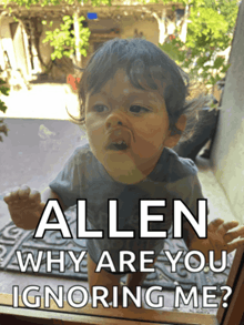 a baby is looking out a window with the words allen why are you ignoring me on the bottom