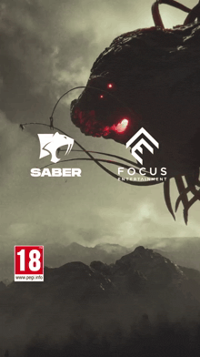a poster for saber and focus entertainment shows a monster