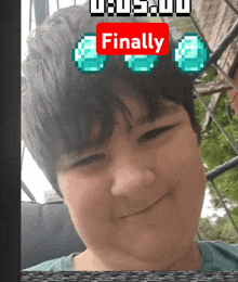 a young boy with diamonds on his head and a red sign that says finally
