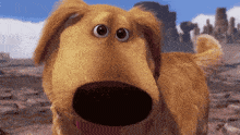 a cartoon dog with big eyes and a pink tongue looks at the camera