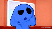 a blue cartoon character is looking out of a window with gifrun.com written on the bottom right