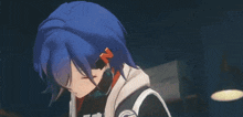 a girl with blue hair and a n on her hair holds a gun